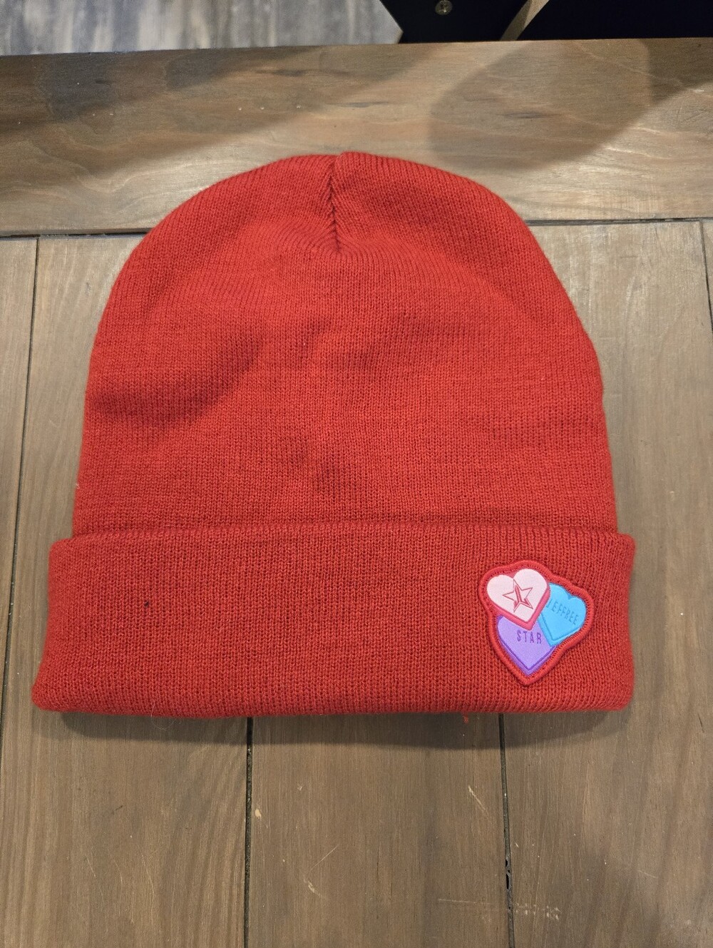 Red Jeffree Star Limited Edition Valentines Day Beanie with Heart Patches